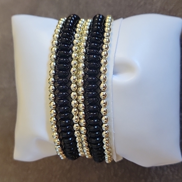 5/$25 Black & Gold Glass Acrylic Beaded Stretch Bracelets - Picture 4 of 5